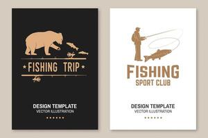 pesca sport club. vettore illustrazione volantino, opuscolo, striscione, manifesto design con orso, pescatore e arcobaleno trota silhouette. all'aperto avventura pesca club emblema