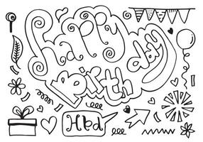 set di oggetti e simboli del fumetto doodle disegnato a mano sulla festa di compleanno. vettore