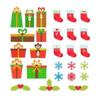 Natale icone impostare. regalo scatole, fiocchi di neve, agrifoglio frutti di bosco, Natale calze autoreggenti. nuovo anni simboli vettore