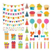 impostato di compleanno festa design elementi. colorato palloncini, bandiere, coriandoli, cupcakes, i regali, candele, fiocchi e decorativo nastri vettore