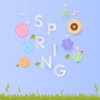 primavera testo con colorato fiore e erba vettore