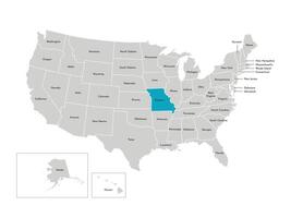 vettore isolato illustrazione di semplificato amministrativo carta geografica di il Stati Uniti d'America. frontiere di il stati con nomi. blu silhouette di Missouri, stato.