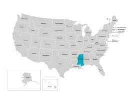 vettore isolato illustrazione di semplificato amministrativo carta geografica di il Stati Uniti d'America. frontiere di il stati con nomi. blu silhouette di Mississippi, stato.