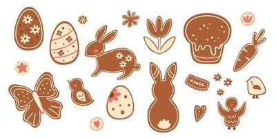Pasqua Pan di zenzero biscotti impostare. coniglio coniglietto, fiore, Pasqua uova, Pasqua torta, uccelli. vettore primavera cibo illustrazione, gustoso forno elementi per vacanza arredamento. mano disegnato carino biscotti, dolci