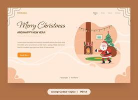 illustrazione piatta, modello di pagina di destinazione con babbo natale, albero di natale e regali vettore