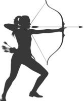 ai generato silhouette donna tiro con l'arco atleta nel azione pieno corpo nero colore solo vettore
