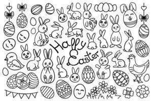 linea arte Pasqua impostare, collezione con coniglietti, polli, uova contorno disegni. decorativo lineare vettore Pasqua design elementi.