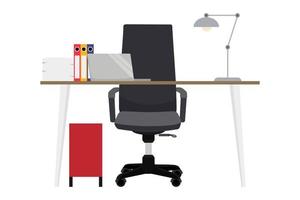 scrivania moderna per freelance home office con sedia e tavolo moderni con pc computer portatile alcune cartelle pile di carta con lampada da tavolo vettore