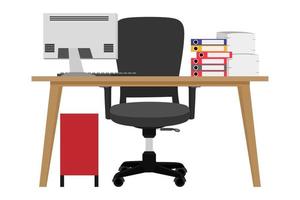 scrivania moderna piatta per ufficio a casa libero professionista con sedia tavolo armadio cassetto computer pc con alcune cartelle di file di pile di carta vettore