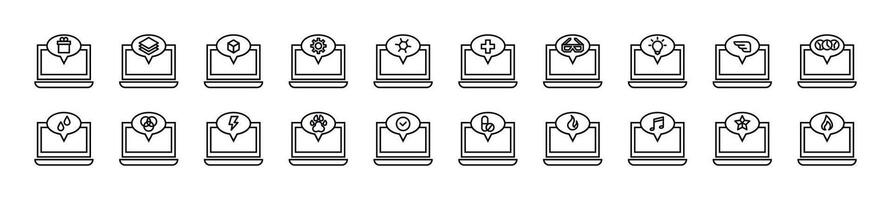 collezione di schema simbolo di il computer portatile e discorso bolla. modificabile ictus. semplice lineare illustrazione per I negozi, negozi, striscioni, design vettore