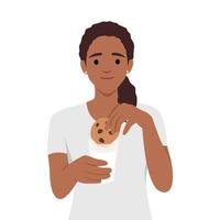 giovane nero donna hold bicchiere di latte con biscotto. vettore
