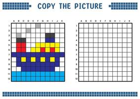 copia il immagine, completare il griglia Immagine. educativo fogli di lavoro disegno con piazze, colorazione cellula le zone. figli di prescolastico attività. cartone animato vettore, pixel arte. crociera nave illustrazione. vettore