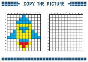 copia il immagine, completare il griglia Immagine. educativo fogli di lavoro disegno con piazze, colorazione cellula le zone. figli di prescolastico attività. cartone animato vettore, pixel arte. spazio razzo illustrazione. vettore