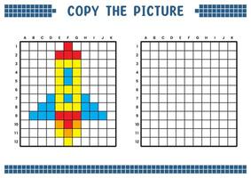 copia il immagine, completare il griglia Immagine. educativo fogli di lavoro disegno con piazze, colorazione cellula le zone. figli di prescolastico attività. cartone animato vettore, pixel arte. spazio razzo illustrazione. vettore