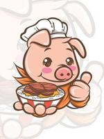 simpatico personaggio dei cartoni animati di maiale chef che presenta cibo di maiale cantonese - mascotte e illustrazione vettore