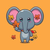 carino elefante Tenere autunno foglia cartone animato vettore illustrazione