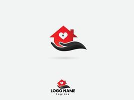 casa cura logo design con mano e amore vettore