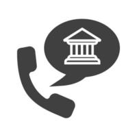 icona del glifo con telefonata in banca. simbolo di sagoma. portatile con edificio bancario all'interno del fumetto. spazio negativo. illustrazione vettoriale isolato