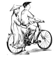 disegno di vietnamita un' coppia equitazione bicicletta vettore