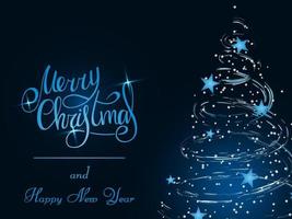 lettere blu scritte a mano su uno sfondo blu scuro. albero di Natale magico fatto di tempeste di neve e fiocchi di neve albero con stelle blu. buon natale e felice anno nuovo 2022. vettore
