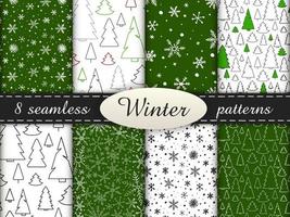 set di 8 semplici modelli senza soluzione di continuità. sfondi infiniti invernali colorati con fiocchi di neve e alberi di natale. illustrazione vettoriale verde e bianco.