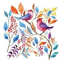 carino acquerello illustrazione con colorato uccelli nel il giardino. luminosa fiori e le foglie vettore