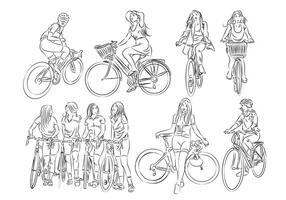 un' collezione donne equitazione bicicletta schizzo disegno per sfondo design. vettore