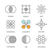 simboli astratti lineari set di icone. fusione, isolamento, obiettivo, contraddittorio, cooperativo, direzioni, sovrapposizione, metà, connessioni. simboli di contorno linea sottile. illustrazioni di contorno vettoriale isolato