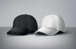 nero e bianca baseball caps finto su nel grigio sfondo, davanti e indietro o diverso lati. per il branding e pubblicità. vettore