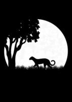 silhouette di a piedi leopardo nel il notte savana. primavera Africa crepuscolo prato. nero pantera a caccia sotto pieno Luna vettore