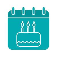 icona del colore del glifo di compleanno. pagina del calendario con torta di compleanno. simbolo di sagoma su sfondo bianco. spazio negativo. illustrazione vettoriale