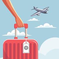 un' donna detiene un' valigia nel sua mano avvicinamento e un aereo nel il cielo. vacanza e viaggio concetto. illustrazione. vettore