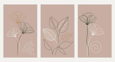 impostato di botanico carte, manifesti. silhouette di selvaggio fiori e impianti nel beige colori. modelli, vettore