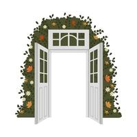 Vintage ▾ Aperto porte con verdura e fiori. sfondo per invito, illustrazione, vettore