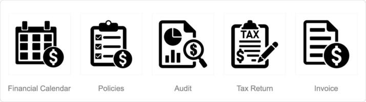 un' impostato di 5 contabilità icone come finanziario calendario, politiche, revisione vettore