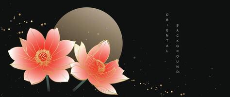 lusso oro orientale stile sfondo vettore. Cinese e giapponese sfondo modello design di elegante loto fiore e Luna con oro linea struttura. design illustrazione per decorazione, parete arredamento. vettore