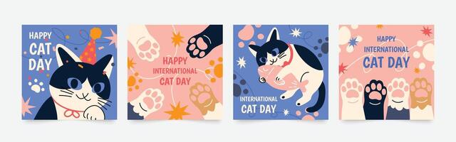 contento internazionale gatto giorno piazza copertina impostare. carino gatti e divertente gattino, zampa piede design collezione con piatto colore nel diverso pose. adorabile animale domestico animali illustrazione per internazionale gatto giorno. vettore