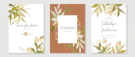 lusso autunno nozze invito carta modello vettore. acquerello carta con fiore, fogliame, oro luccichio su bianca e Marrone sfondo. elegante autunno botanico design adatto per striscione, coperchio. vettore