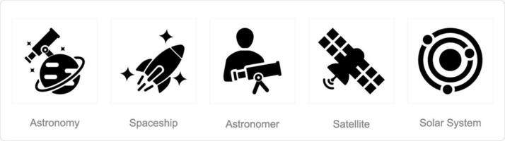 un' impostato di 5 astronomia icone come astronomia, navicella spaziale, astronomo vettore