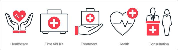 un' impostato di 5 farmacia icone come Salute cura, primo aiuto kit, trattamento vettore