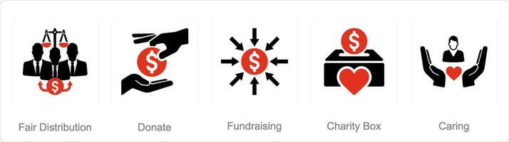un' impostato di 5 beneficenza e donazione icone come giusto distribuzione, donare, raccolta fondi vettore