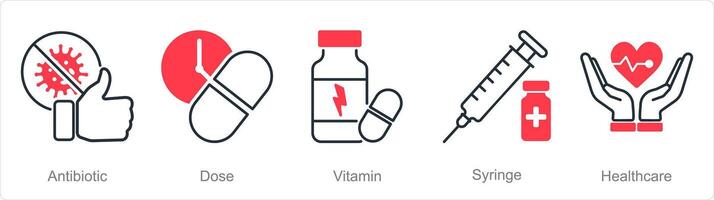 un' impostato di 5 farmacia icone come antiboitico, dose, vitamina vettore