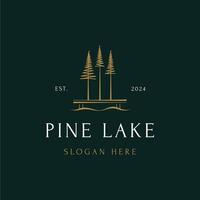 minimalista paesaggio lago con grande pino alberi e molo semplice logo design vettore