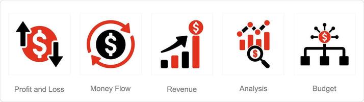 un' impostato di 5 contabilità icone come profitto e perdita, i soldi fluire, reddito vettore