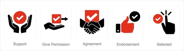 un' impostato di 5 segno di spunta icone come sostegno, dare autorizzazione, accordo vettore