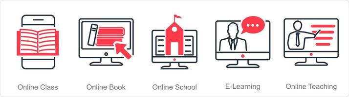 un' impostato di 5 educazione online icone come in linea classe, in linea prenotare, in linea scuola vettore