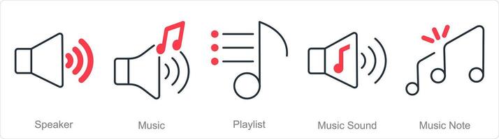 un' impostato di 5 musica icone come altoparlante, musica, elenco di riproduzione vettore