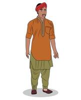 un' villaggio uomo indossare pagri tre trimestre Visualizza cartone animato personaggio design vettore