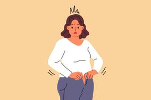 sovrappeso donna non può in forma in vecchio jeans dovuto per eccesso peso causato di eccesso di cibo vettore