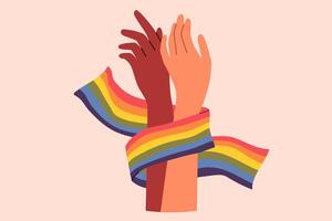 mani di non binario coppia Tenere lgbt bandiera simboleggiante amore fra gay o lesbica vettore